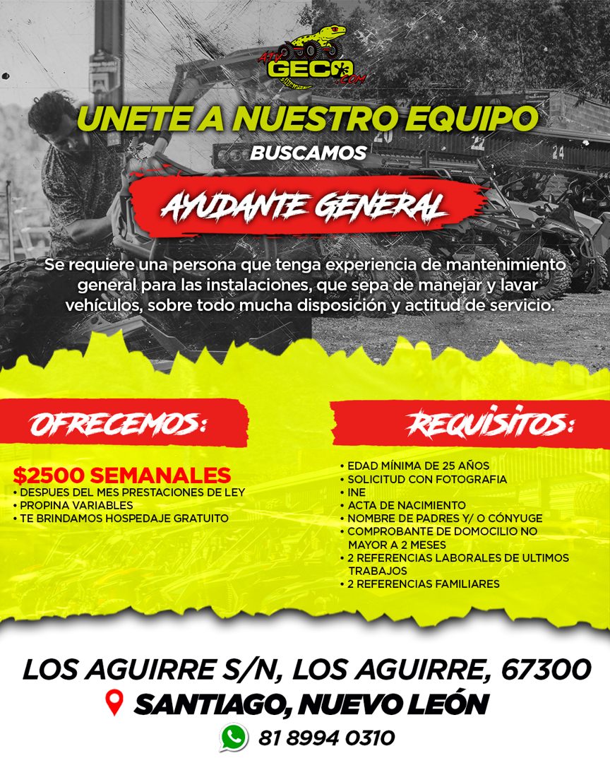 Banner del anuncio de la vacante: GECK · UNETE A NUESTRO EQUIPO · BUSCAMOS · AYUDANTE GENERAL · Se requiere una persona que tenga experiencia de mantenimiento · general para 
