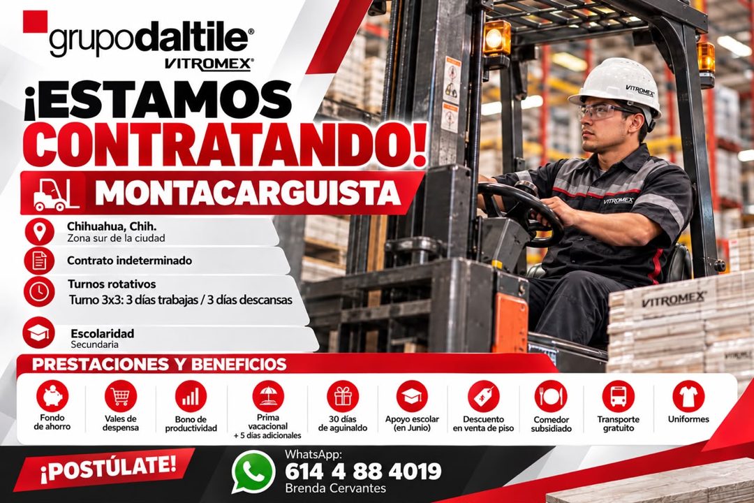 Banner del anuncio de la vacante: grupodaltile® · VITROMEX® · ¡ESTAMOS · CONTRATANDO! · SOL MONTACARGUISTA · Chihuahua, Chih. · Zona sur de la ciudad · Contrato indeterminado