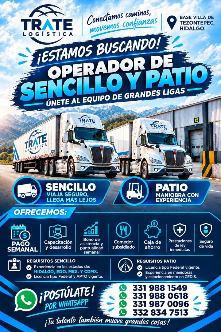 Banner del anuncio de la vacante: TRATE · LOGÍSTICA · Conectamos caminos, · movemos confianzas · BASE VILLA DE · TEZONTEPEC, · HIDALGO. · ¡ESTAMOS BUSCANDO! · OPERADOR DE · S