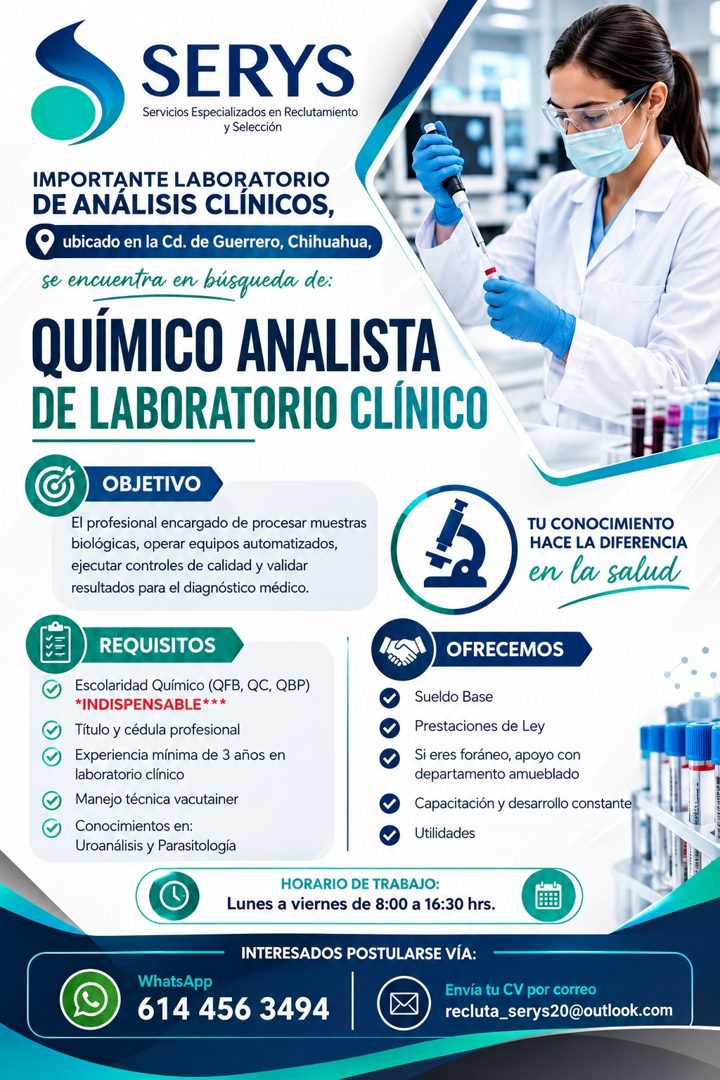 Banner del anuncio de la vacante: SERYS · Servicios Especializados en Reclutamiento · y Selección · IMPORTANTE LABORATORIO · DE ANÁLISIS CLINICOS, · O ubicado en la Cd. de Gu