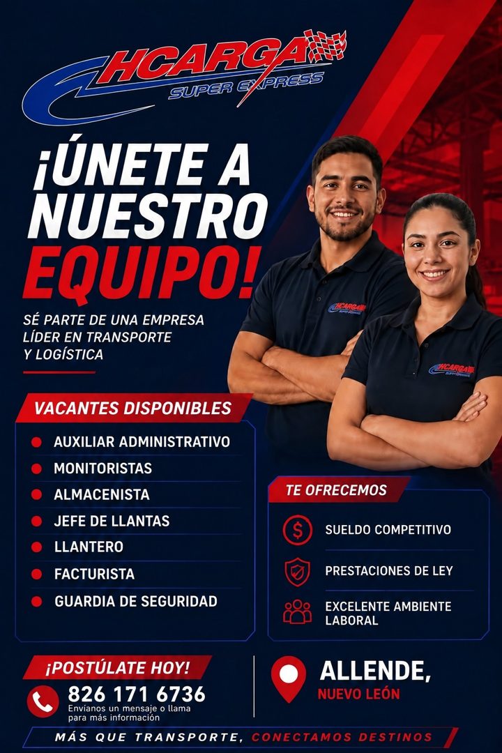 Banner del anuncio de la vacante: HAGA GAN · SUPER E · PRESS · ¡ÚNETE A · NUESTRO · EQUIPO! · SÉ PARTE DE UNA EMPRESA · LÍDER EN TRANSPORTE · Y LOGÍSTICA · SACARGAIN · Revien