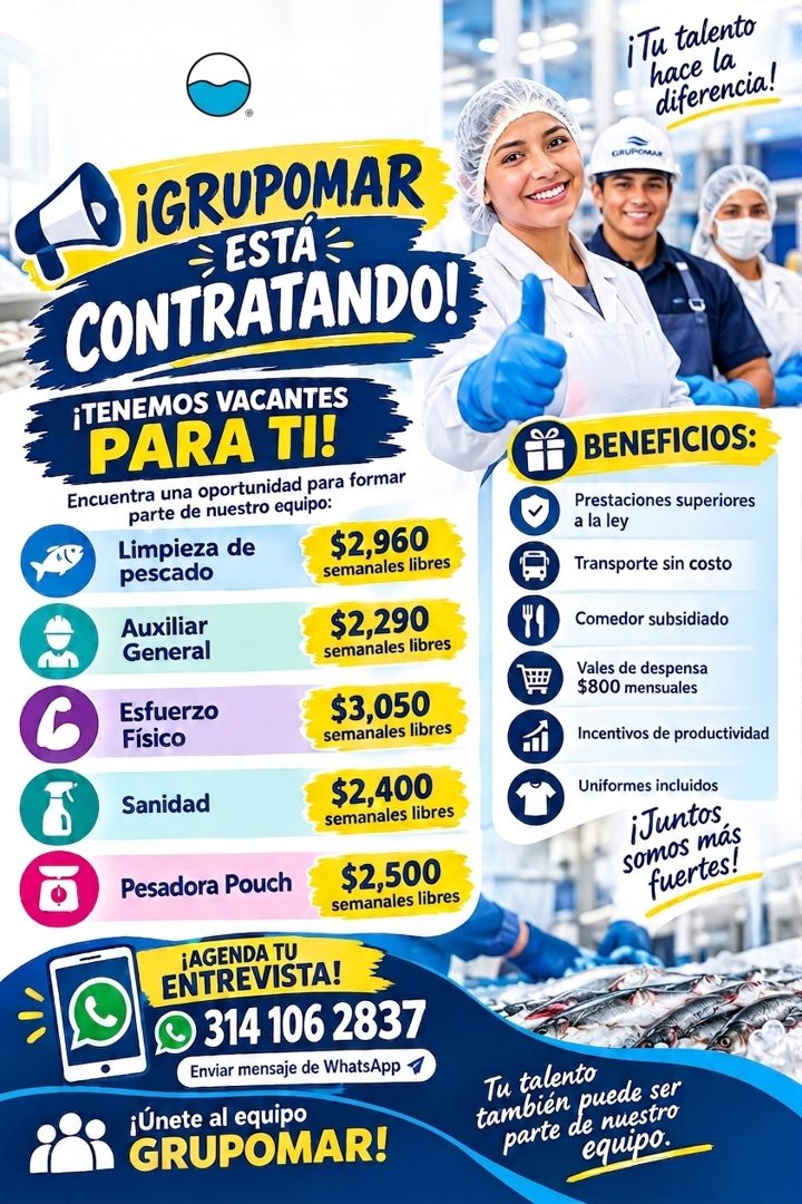 Banner del anuncio de la vacante: ¡Tu talento · hace la · diferencia! · GRUPOMAN · ¡GRUPOMAR · = ESTÁ = · CONTRATANDO! · ¡TENEMOS VACANTES · PARA TI! · Encuentra una oportuni
