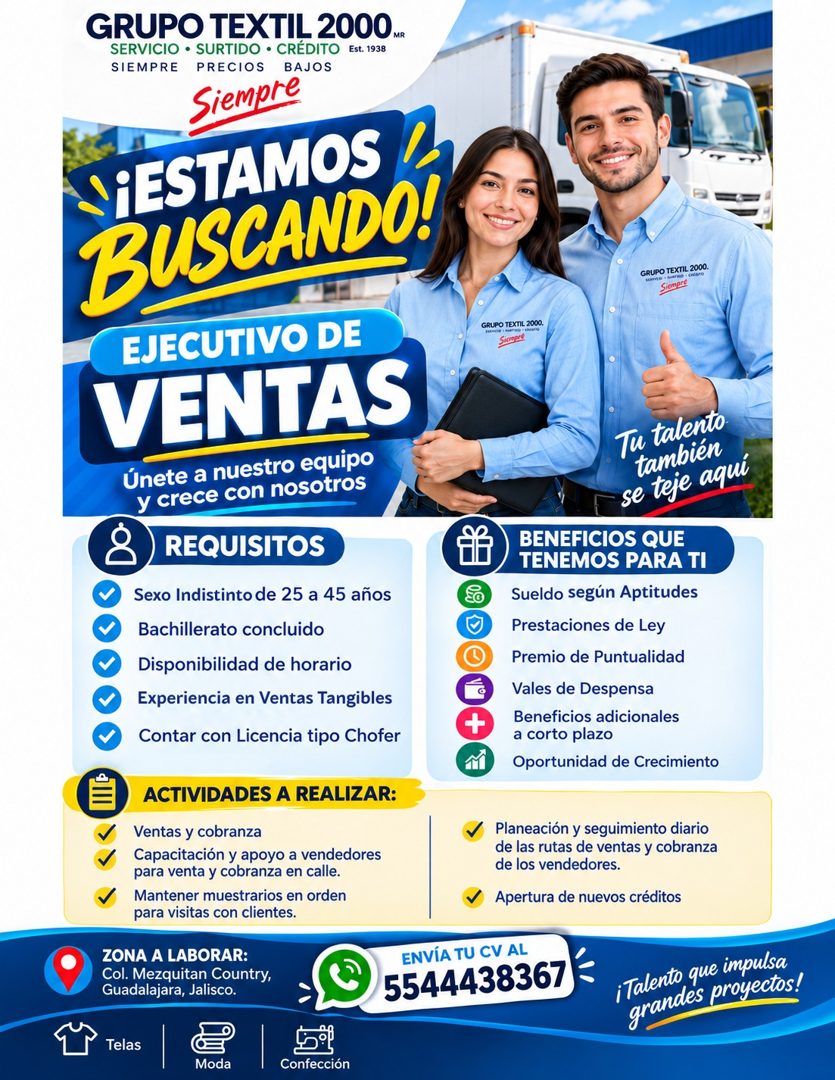 Banner del anuncio de la vacante: GRUPO TEXTIL 2000мr · SERVICIO • SURTIDO • CREDITO · Est. 1938 · SIEMPRE · PRECIOS · BAJOS · Siempre · ¡ESTAMOS / · BUSCANDO! · EJECUTIVO DE