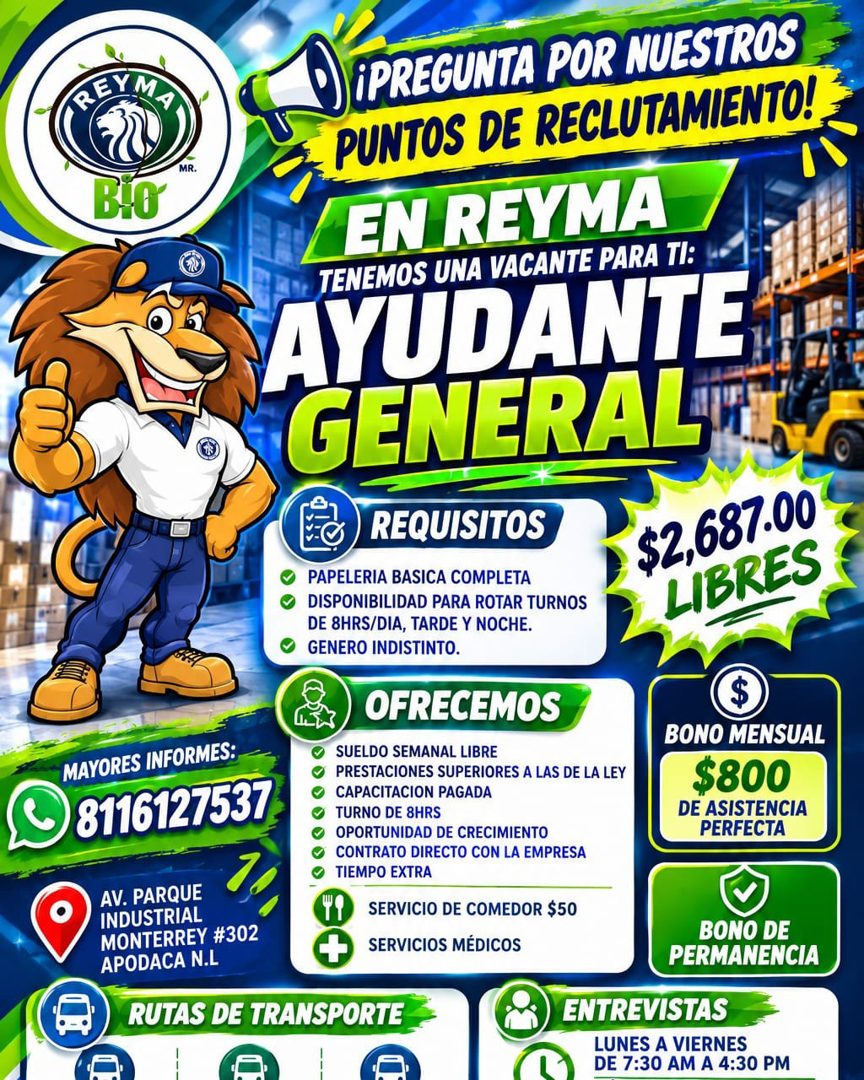Banner del anuncio de la vacante: REYM, · MR. · BIƠ · ¡PREGUNTA POR NUESTROS · PUNTOS DE RECLUTAMIENTO! · EN REYMA · TENEMOS UNA VACANTE PARA TI: · AYUDANTE · GENERAL' · REQU