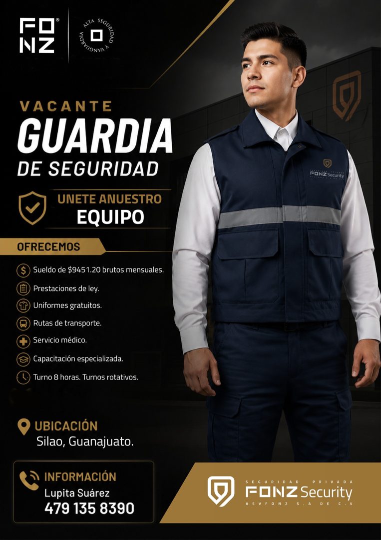 Banner del anuncio de la vacante: NZ · VACANTE · GUARDIA · DE SEGURIDAD · UNETE ANUESTRO · EQUIPO · OFRECEMOS · Sueldo de $9451.20 brutos mensuales. · Prestaciones de ley. · 