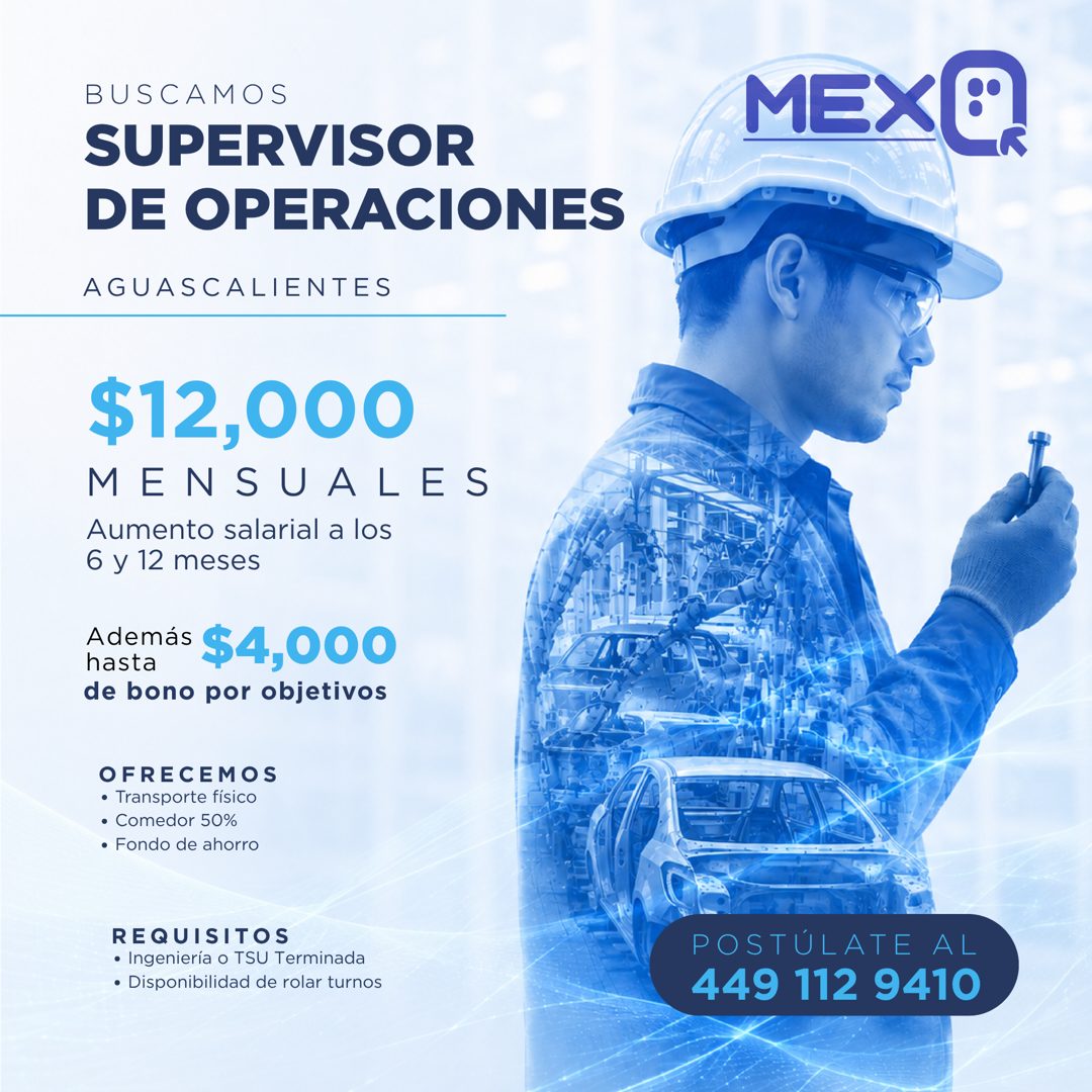 Banner del anuncio de la vacante: BUSCAMOS · SUPERVISOR · DE OPERACIONES · AGUASCALIENTES · MEX®! · $12,000 · MENSUALES · Aumento salarial a los · 6 y 12 meses · Además $4,00