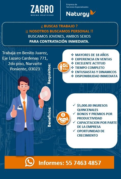 Banner del anuncio de la vacante: ZAGRO · Naturgy · ¿ BUSCAS TRABAJO ? · ¡i NOSOTROS BUSCAMOS PERSONAL !! · BUSCAMOS JOVENES, AMBOS SEXOS · PARA CONTRATACIÓN INMEDIATA. · Tra