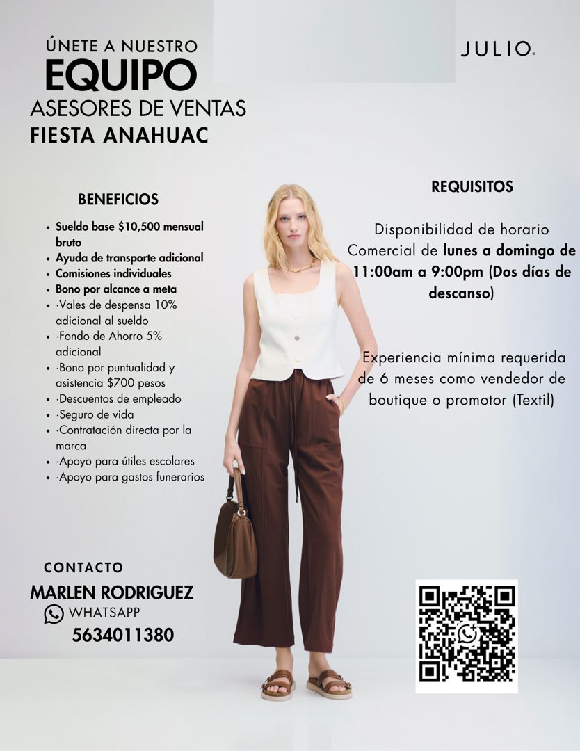 Banner del anuncio de la vacante: ÚNETE A NUESTRO · EQUIPO · ASESORES DE VENTAS · FIESTA ANAHUAC · BENEFICIOS · • Sueldo base $ 10,500 mensual · bruto · • Ayuda de transporte