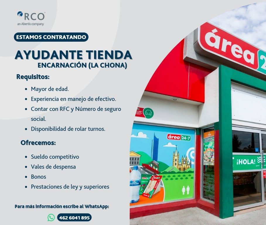 Banner del anuncio de la vacante: "RCO · an Abertis company · ESTAMOS CONTRATANDO · AYUDANTE TIENDA · ENCARNACIÓN (LA CHONA) · Requisitos: · • Mayor de edad. · • Experiencia 