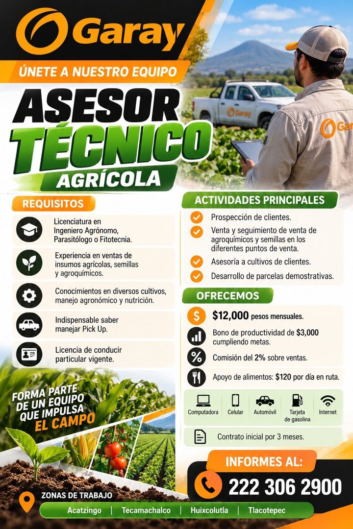 Banner del anuncio de la vacante: •Garay · ÚNETE A NUESTRO EQUIPO · ASESOR · TÉCNICO · AGRÍCOLA · REQUISITOS · Licenciatura en · Ingeniero Agrónomo, · Parasitólogo o Fitotecn