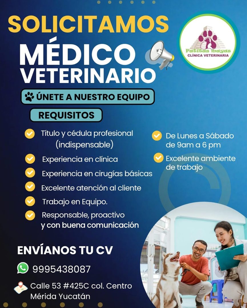 Banner del anuncio de la vacante: SOLICITAMOS · MÉDICO · VETERINARIO · ¿ ÚNETE A NUESTRO EQUIPO · REQUISITOS · Título y cédula profesional · (indispensable) · Experiencia en 