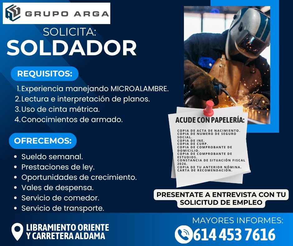 Banner del anuncio de la vacante: GRUPO ARGA · SOLICITA: · SOLDADOR · REQUISITOS: · 1. Experiencia manejando MICROALAMBRE. · 2. Lectura e interpretación de planos. · 3. Uso d