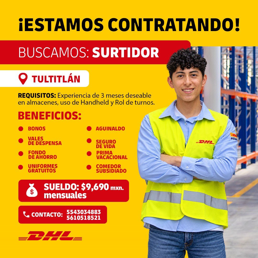 Banner del anuncio de la vacante: ¡ESTAMOS CONTRATANDO! · BUSCAMOS: SURTIDOR · • TULTITLÁN · REQUISITOS: Experiencia de 3 meses deseable · en almacenes, uso de Handheld y Rol