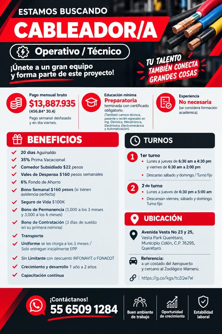Banner del anuncio de la vacante: ESTAMOS BUSCANDO · CABLEADOR/A · Operativo / Técnico · ¡Únete a un gran equipo · y forma parte de este proyecto! · TU TALENTO · TAMBIÉN CONE