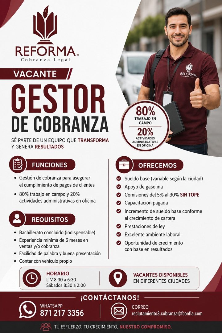 Banner del anuncio de la vacante: REFORMA. · Cobranza Legal · VACANTE · GESTOR · DE COBRANZA · SÉ PARTE DE UN EQUIPO QUE TRANSFORMA · Y GENERA RESULTADOS · REFORMA. · Cabrant