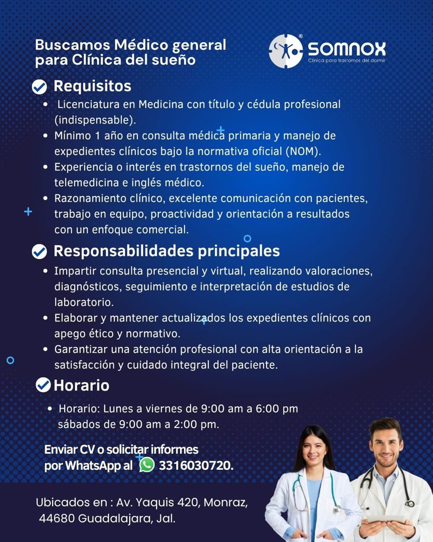 Banner del anuncio de la vacante: + · Buscamos Médico general · para Clínica del sueño · somnox · Clínica para trastomos del dormir · Requisitos · - Licenciatura en Medicina 
