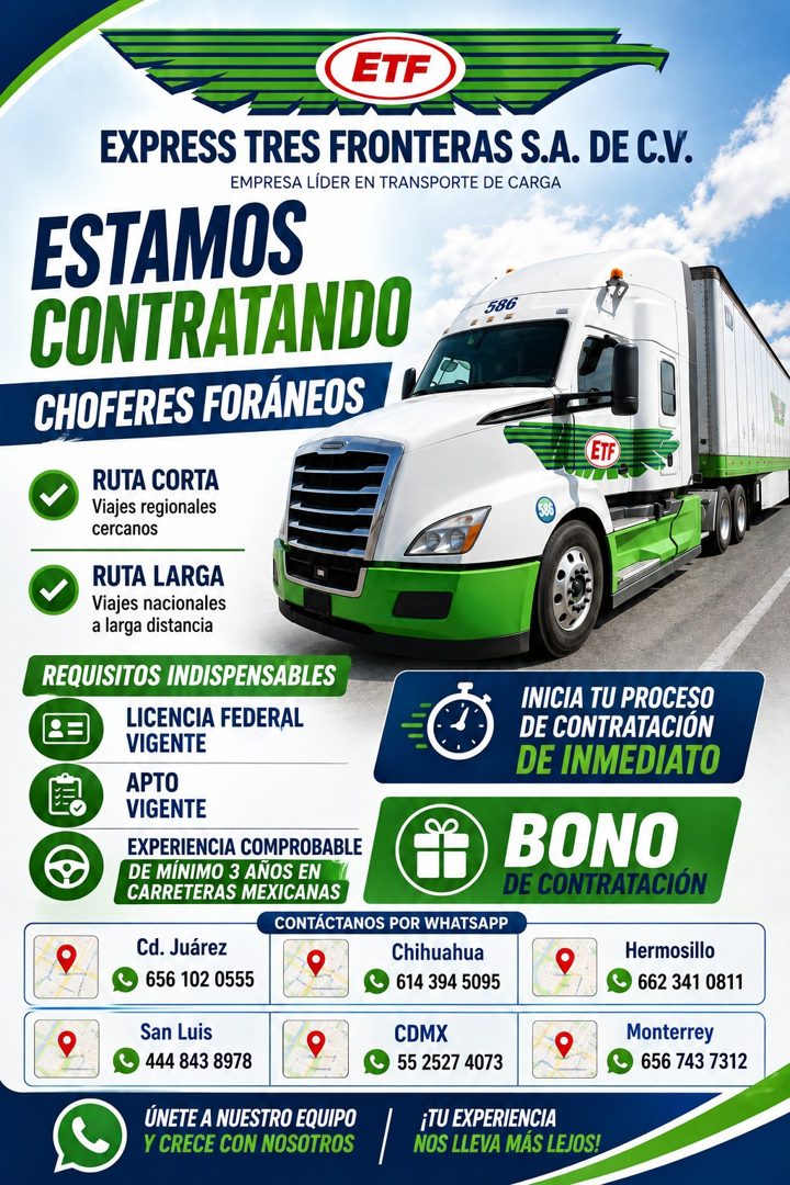 Banner del anuncio de la vacante: ETF · EXPRESS TRES FRONTERAS S.A. DE C.V. · EMPRESA LÍDER EN TRANSPORTE DE CARGA · ESTAMOS · CONTRATANDO · 586 · CHOFERES FORÁNEOS · RUTA CO