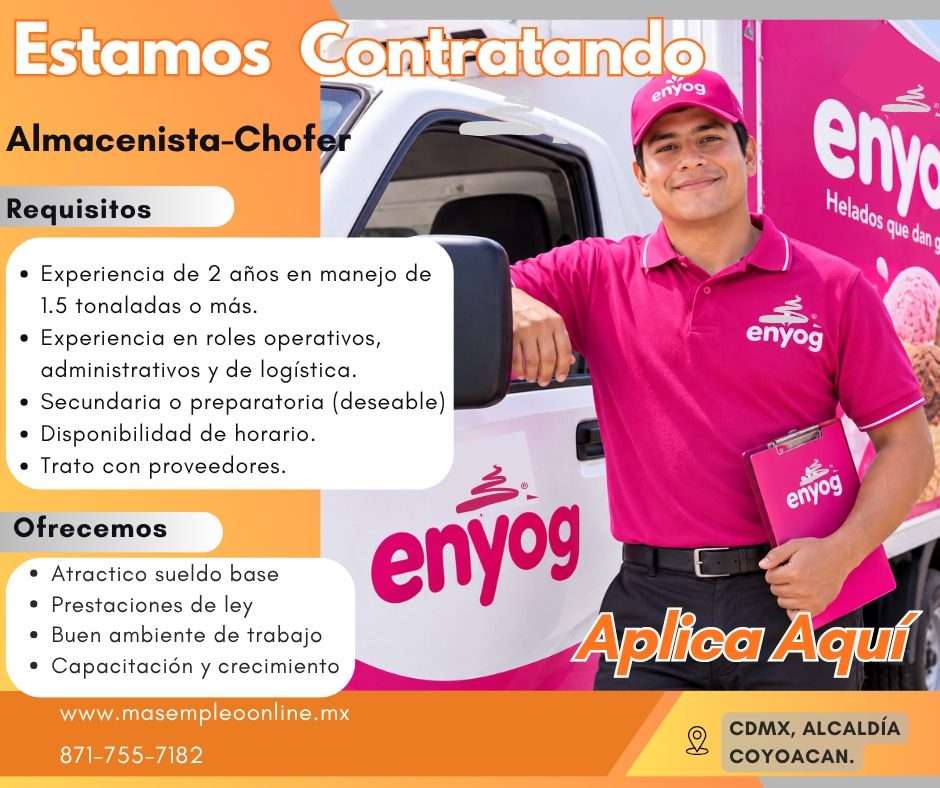 Banner del anuncio de la vacante: Estamos Contratando · Almacenista-Chofer · Requisitos · • Experiencia de 2 años en manejo de · 1.5 tonaladas o más. · • Experiencia en roles