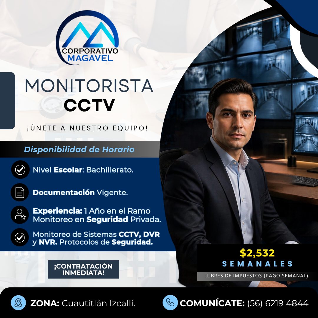 Banner del anuncio de la vacante: CORPORATIVO · MAGAVEL · MONITORISTA · CCTV · ¡ÚNETE A NUESTRO EQUIPO! · Disponibilidad de Horario · Nivel Escolar: Bachillerato. · Documenta