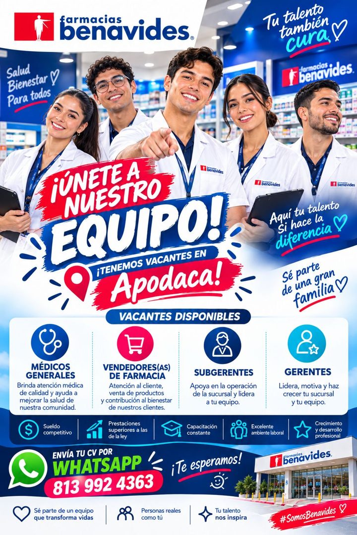Banner del anuncio de la vacante: armacia · benavides. · Salud · Bienestar Y · Para todos · Tu talento · también · cura, · V · I bendivides. · ¡ÚNETE A · NUESTRO · Ti benavid