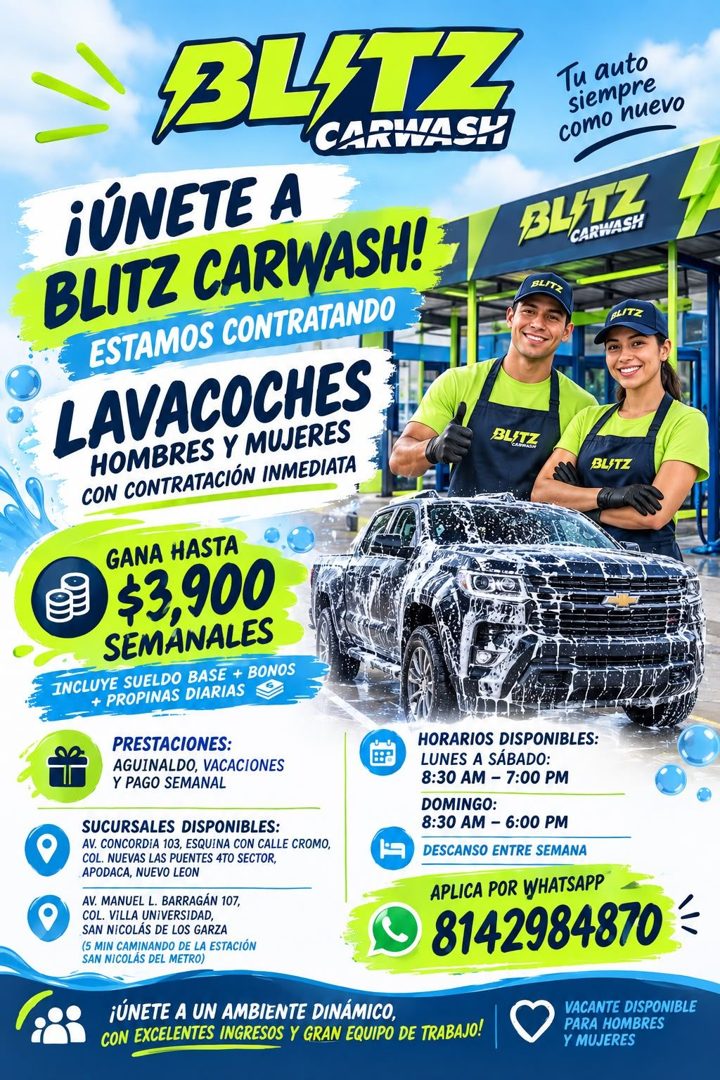Banner del anuncio de la vacante: 34174 · CARWASH · ¡ÚNETE A · BLITZ CARWASH! · ESTAMOS CONTRATANDO · LAVACOCHES · HOMBRES Y MUJERES · CON CONTRATACIÓN INMEDIATA · BUTZ · GAN