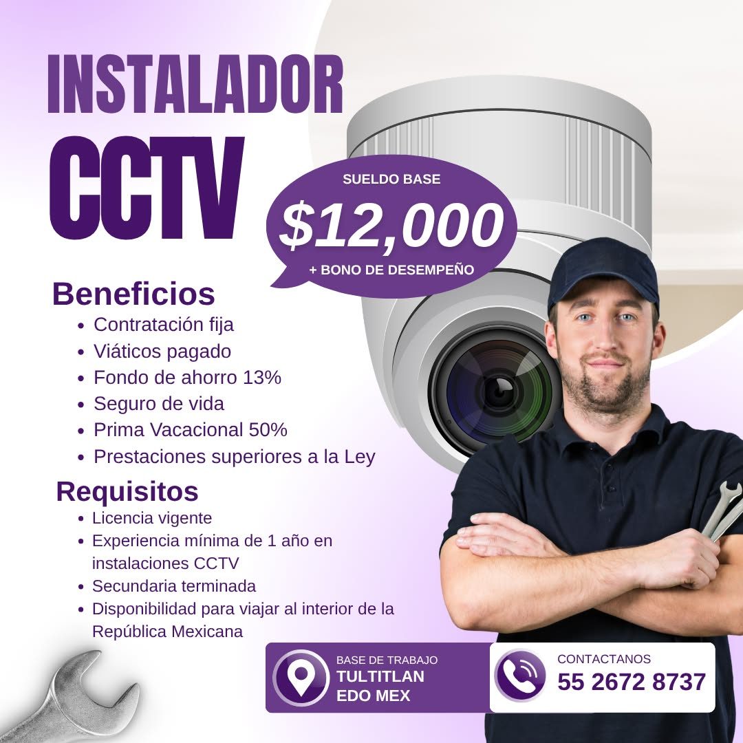 Banner del anuncio de la vacante: INSTALADOR · CCN · SUELDO BASE · $12,000 · + BONO DE DESEMPEÑO · Beneficios · • Contratación fija · • Viáticos pagado · • Fondo de ahorro 13