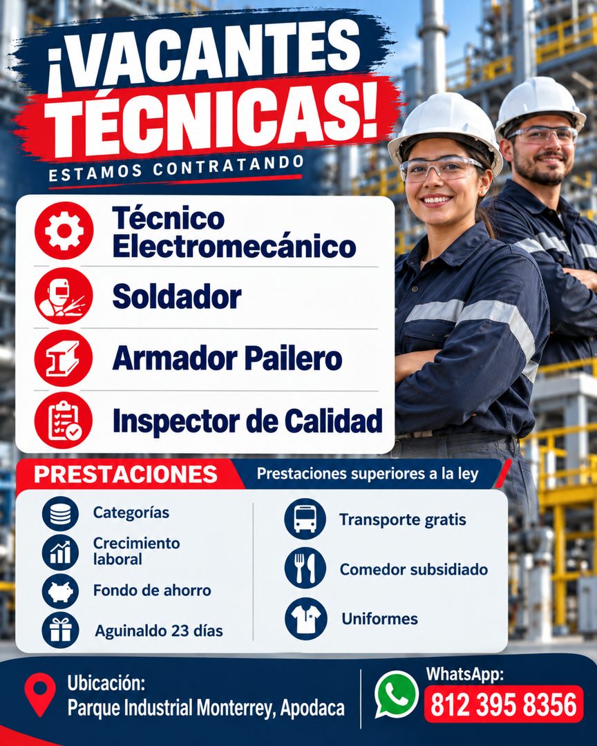 Banner del anuncio de la vacante: ¡VACANTES · TÉCNICAS! · ESTAMOS CONTRATANDO · Técnico · Electromecánico · Soldador · Armador Pailero · Inspector de Calidad · PRESTACIONES ·