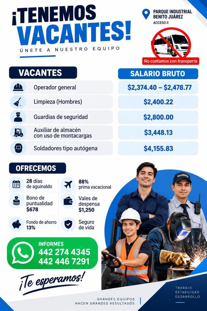 Banner del anuncio de la vacante: ¡TENEMOS · VACANTES! · ÚNETE A NUESTRO EQUIPO · PARQUE INDUSTRIAL · BENITO JUÁREZ · ACCESO II · VACANTES · Operador general · Limpieza (Homb