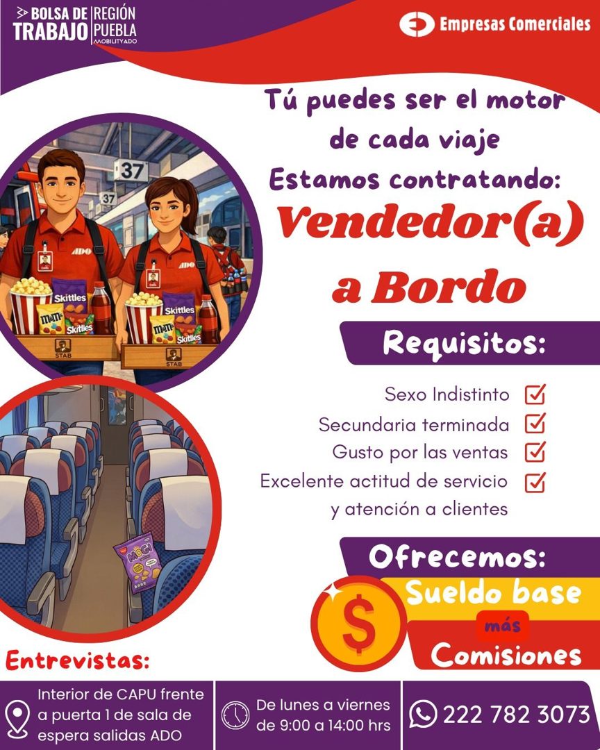 Banner del anuncio de la vacante: > BOLSA DE REGIÓN · TRABAJO · PUEBLA · MOBILITY ADO · 137 · 37 · 7 Skittles · mATE · Skitlles · Skittles · • Skitlles · Entrevistas: · Inter