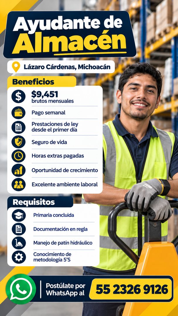 Banner del anuncio de la vacante: Ayudante de · Almacén · Lázaro Cárdenas, Michoacán · Beneficios · $9,451 · brutos mensuales · Pago semanal · Prestaciones de ley · desde el 