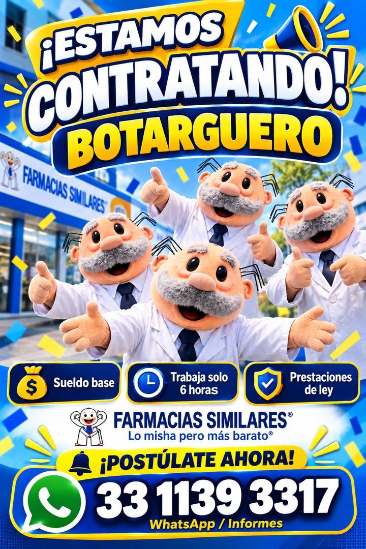 Banner del anuncio de la vacante: ¡ESTAMOS · CONTRATANDO! · BOTARGUERO · , FARMACAS SILATES · $ · Sueldo base · Trabaja solo · 6 horas · de ley · FARMACIAS SIMILARES® · Lo mi