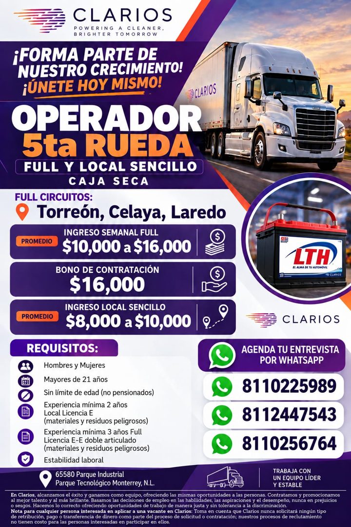 Banner del anuncio de la vacante: CLARIOS · POWERING A CLEANER, · BRIGHTER TOMORROW · ¡FORMA PARTE DE · NUESTRO CRECIMIENTO! · ¡ÚNETE HOY MISMO! · -CLARIOS · OPERADOR · 5ta R