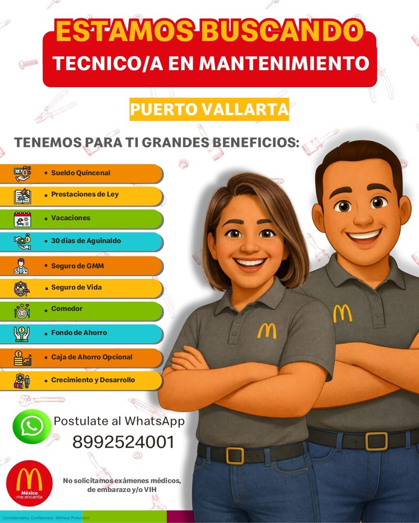 Banner del anuncio de la vacante: ESTAMOS BUSCANDO · TECNICO/A EN MANTENIMIENTO · PUERTO VALLARTA · TENEMOS PARA TI GRANDES BENEFICIOS: · • Sueldo Quincenal · • Prestaciones 