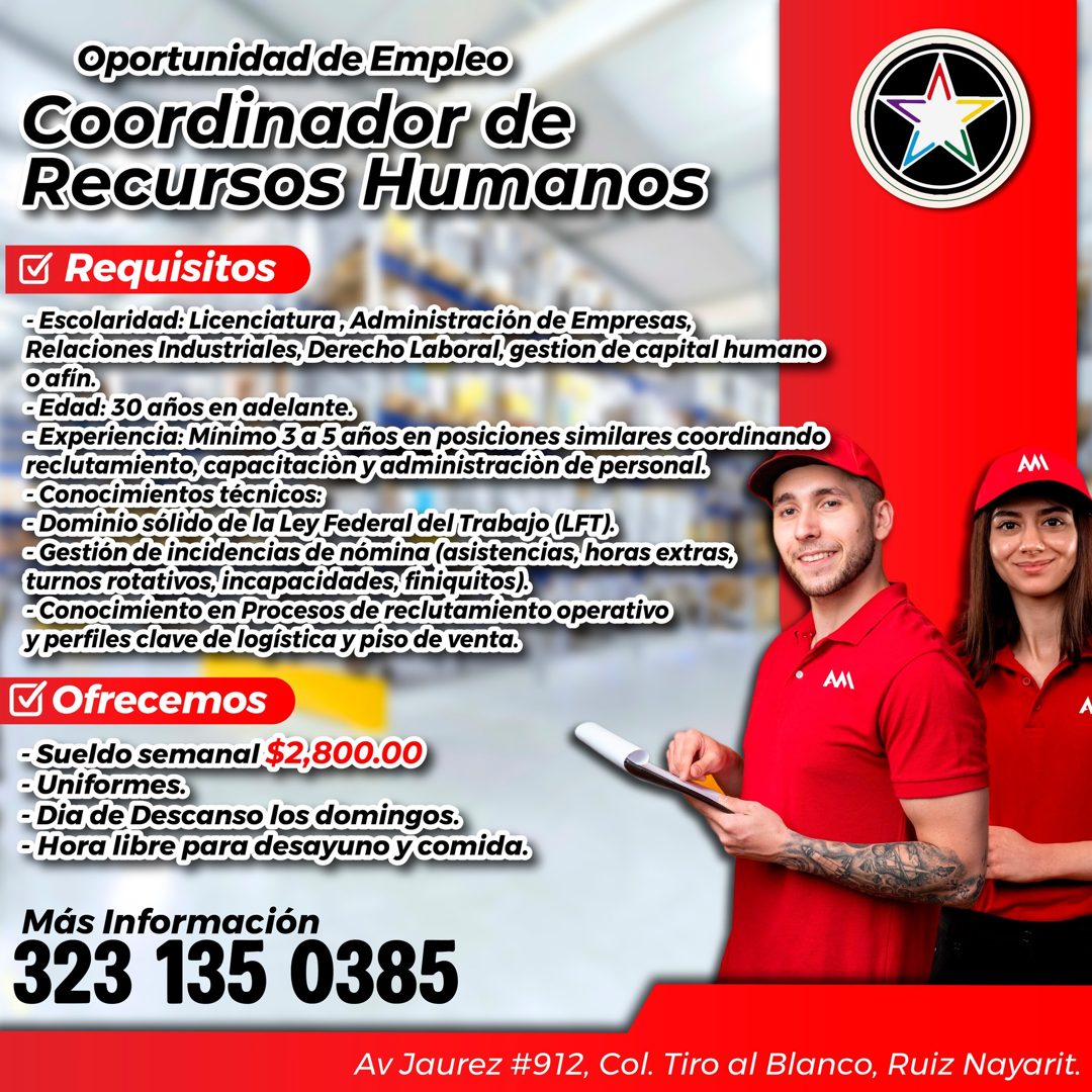 Banner del anuncio de la vacante: Oportunidad de Empleo · Coordinador de · Recursos Humanos · Requisitos · • Escolaridad: Licenciatura, Administración de Empresas, · Relacion