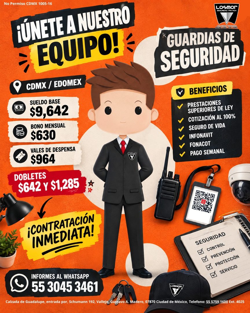 Banner del anuncio de la vacante: No Permiso CDMX 1005-16 · ¡ÚNETE A NUESTRO · EQUIPO! · CDMX / EDOMEX · SUELDO BASE · $9,642 · BONO MENSUAL · $630 · VALES DE DESPENSA · $964