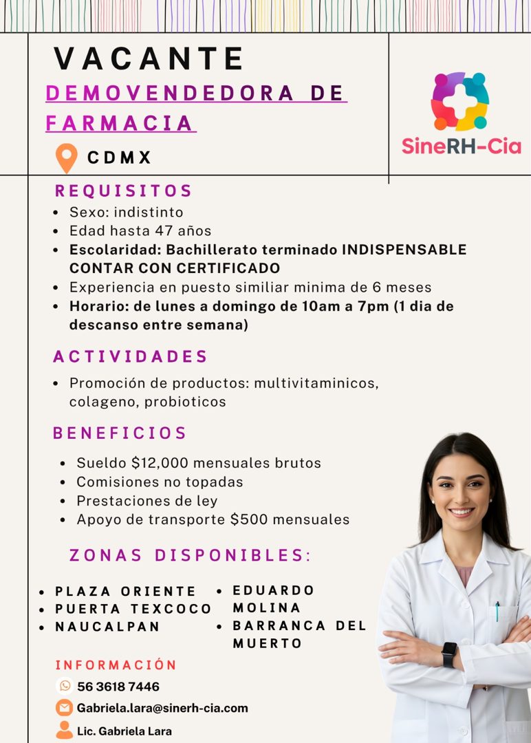 Banner del anuncio de la vacante: VACANTE · DEMOVENDEDORA DE · FARMACIA · SineRH-Cia · CDMX · REQUISITOS · • Sexo: indistinto · • Edad hasta 47 años · • Escolaridad: Bachille