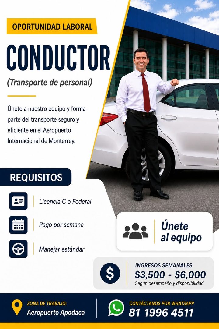Banner del anuncio de la vacante: OPORTUNIDAD LABORAL · CONDUCTOR · (Transporte de personal) · Únete a nuestro equipo y forma · parte del transporte seguro y · eficiente en e
