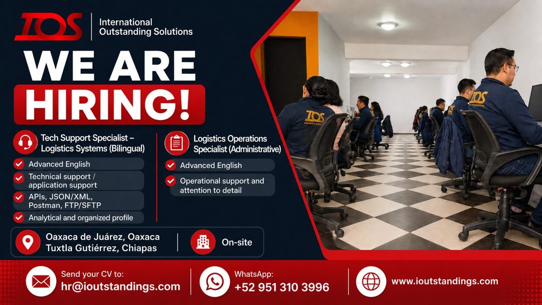 Banner del anuncio de la vacante: JOS · International · Outstanding Solutions · WE ARE · HIRING! · Tech Support Specialist - · Logistics Systems (Bilingual) · Advanced Englis