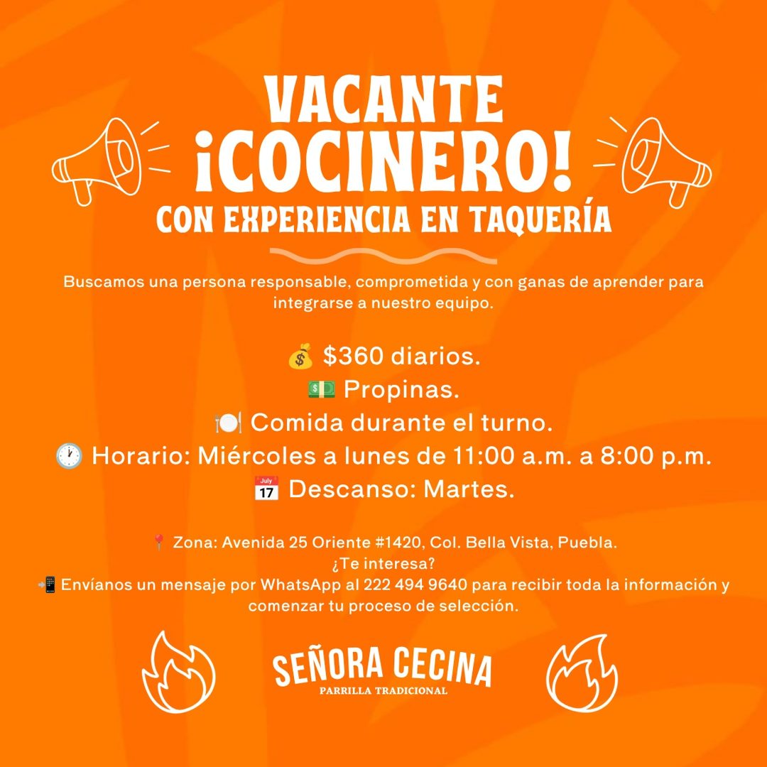 Banner del anuncio de la vacante: VACANTE · ¡COCINERO! · CON EXPERIENCIA EN TAQUERÍA · Buscamos una persona responsable, comprometida y con ganas de aprender para · integrars