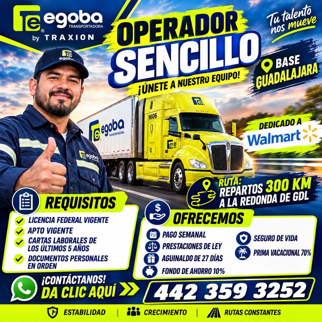 Banner del anuncio de la vacante: Te egoba · by TRAXION · egobe · OPERADOR · Tu talento · nos mueve · SENCILLO · ¡ÚNETE A NUESTRO EQUIPO! · BASE · GUADALAJARA · 1606 · 000 · 
