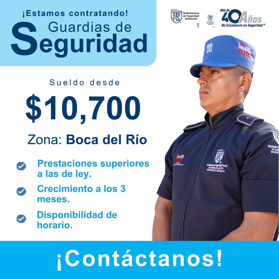Banner del anuncio de la vacante: ¡Estamos contratando! · Guardias de · Seguridad · Multisistemas · de Seguridad · Industrial. · Más de · 40Años. · De Excelencia en Seguridad
