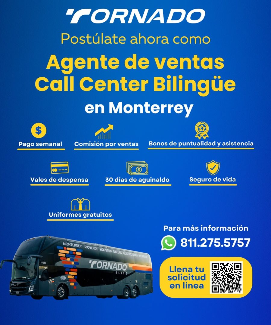 Banner del anuncio de la vacante: "FORNADO · Postúlate ahora como · Agente de ventas · Call Center Bilingüe · en Monterrey · Pago semanal · Comisión por ventas · Bonos de pun