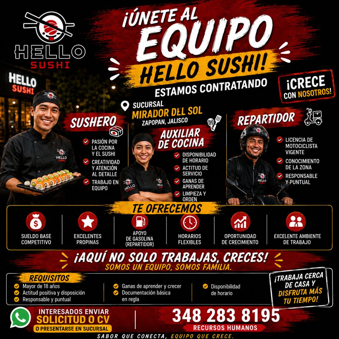 Banner del anuncio de la vacante: HELLO · SUSHI · HELLO · SUSHI · SUSHERO · • HELLO · PASIÓN POR · LA COCINA · Y EL SUSHI · CREATIVIDAD · Y ATENCION · AL DETALLE · TRABAJO EN