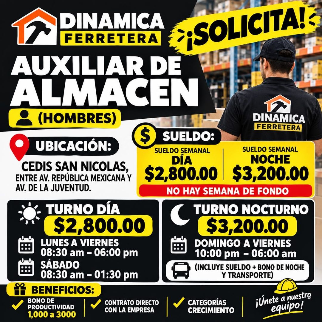 Banner del anuncio de la vacante: DINAMICA · FERRETERA · AUXILIAR DE · ALMACEN · (HOMBRES) · $ · UBICACIÓN: · CEDIS SAN NICOLAS, · ENTRE AV. REPÚBLICA MEXICANA Y · AV. DE LA 