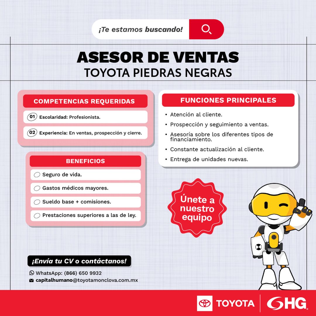 Banner del anuncio de la vacante: ¡Te estamos buscando! · ASESOR DE VENTAS · TOYOTA PIEDRAS NEGRAS · COMPETENCIAS REQUERIDAS · 01) Escolaridad: Profesionista. · (02) Experien