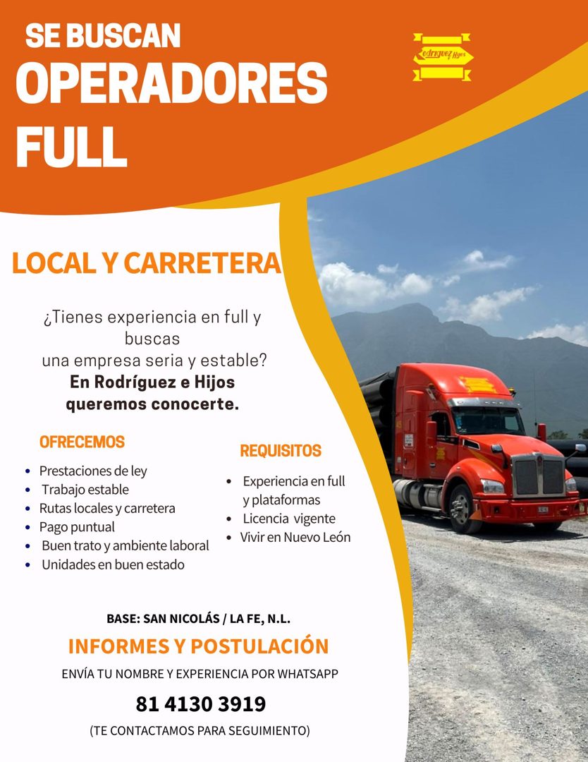 Banner del anuncio de la vacante: SE BUSCAN · OPERADORES · FULL · odriguez Hyos · LOCAL Y CARRETERA · ¿Tienes experiencia en full y · buscas · una empresa seria y estable? · 