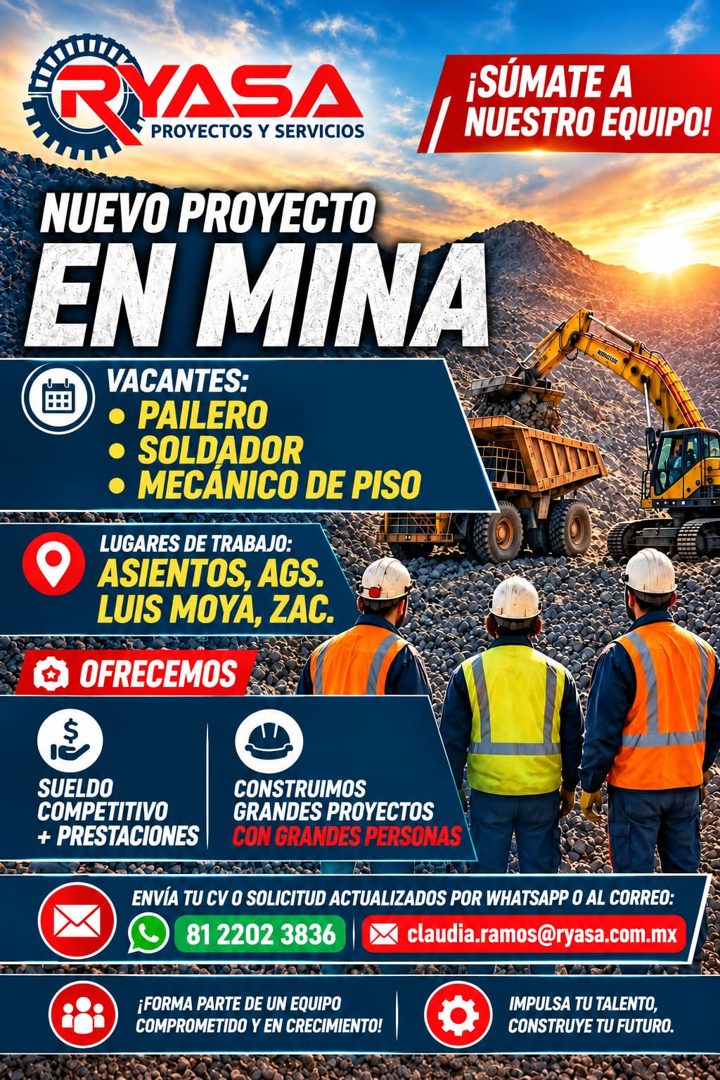 Banner del anuncio de la vacante: PYASA · PROYECTOS Y SERVICIOS · NUEVO PROYECTO · EN MINA · VACANTES: · • PAILERO · • SOLDADOR · • MECÁNICO DE PISO · LUGARES DE TRABAJO: · A