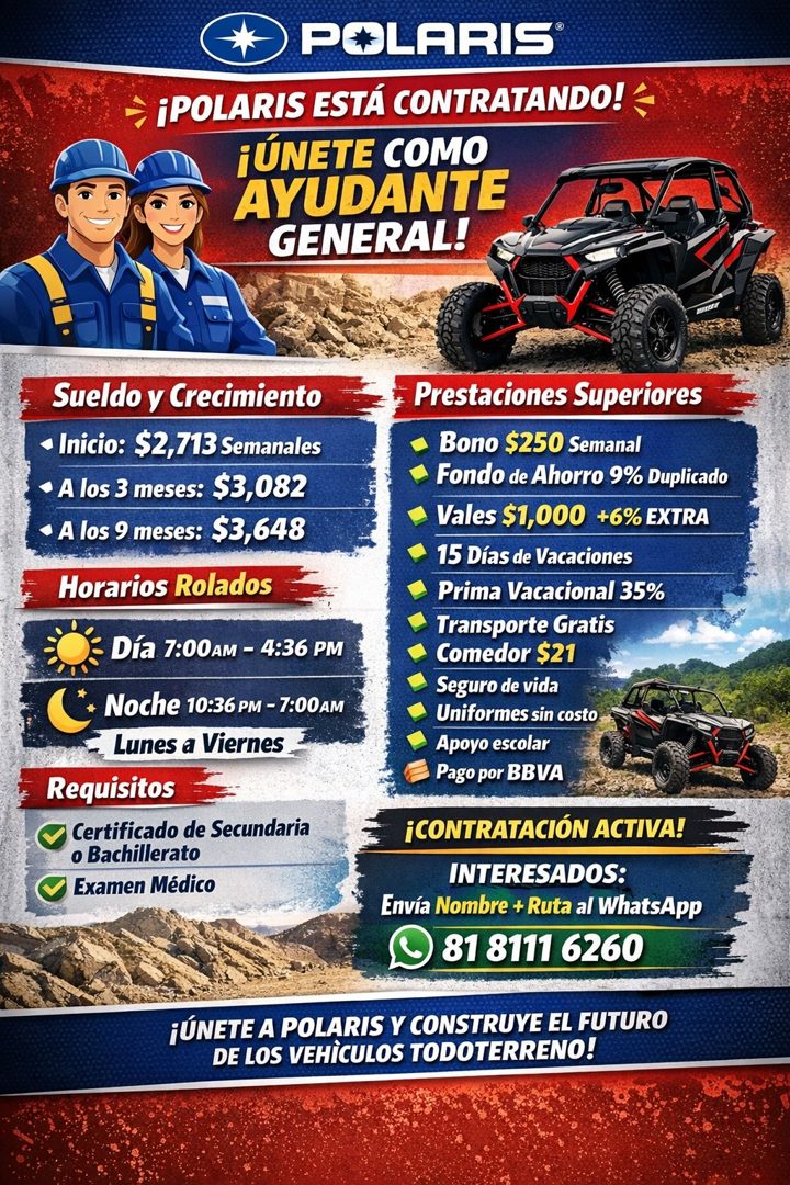 Banner del anuncio de la vacante: POLARIS · = ¡POLARIS ESTÁ CONTRATANDO.- · ¡ÚNETE COMO · AYUDANTE · GENERAL! · Sueldo y Crecimiento · • Inicio: $2,713 Semanales · • A los 3 