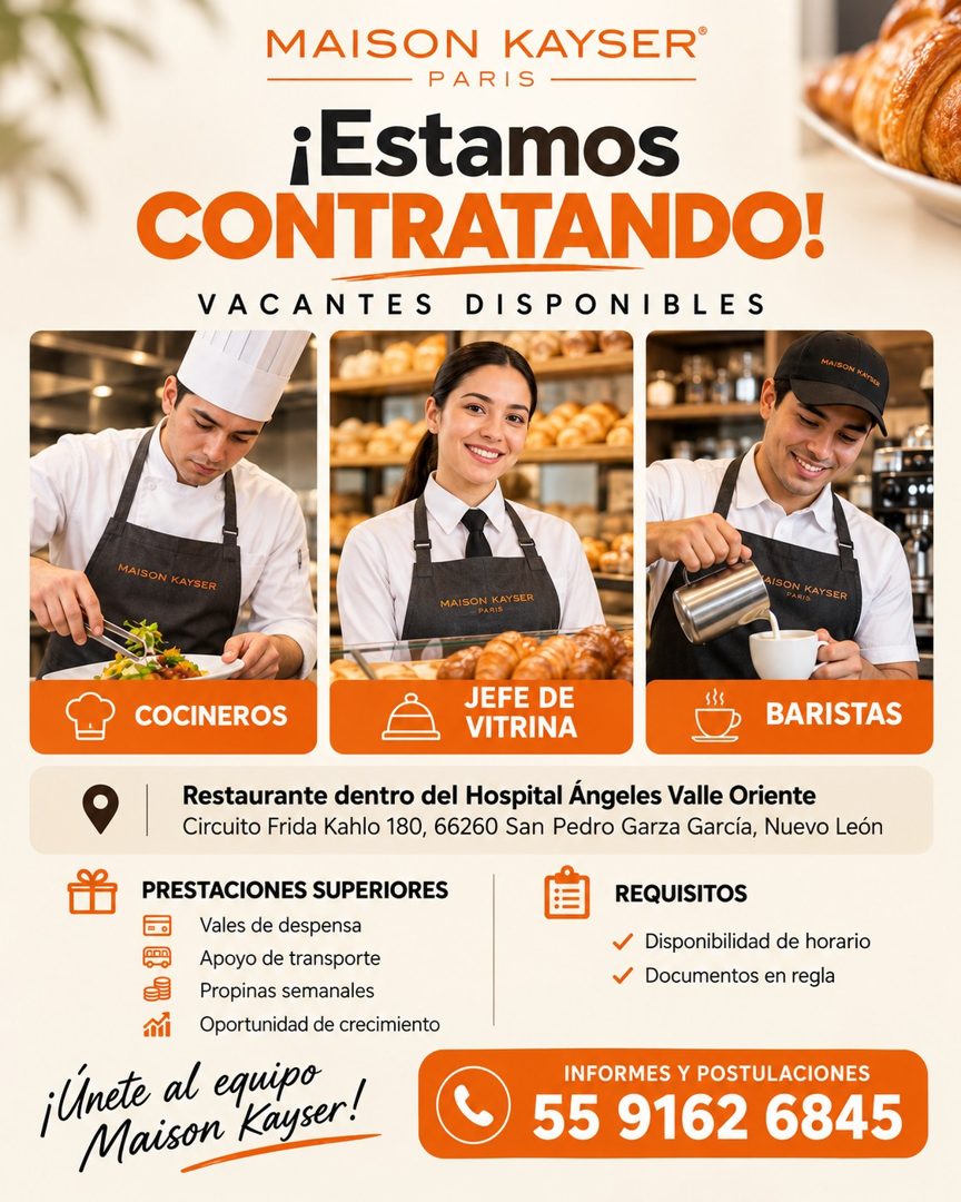 Banner del anuncio de la vacante: MAISON KAYSER® · — PARIS · ¡Estamos · CONTRATANDO! · VACANTES DISPONIBLES · MAISON KAYSER · MAISON KAYSER · AISON KAYSER · PARIS · MAISON KA