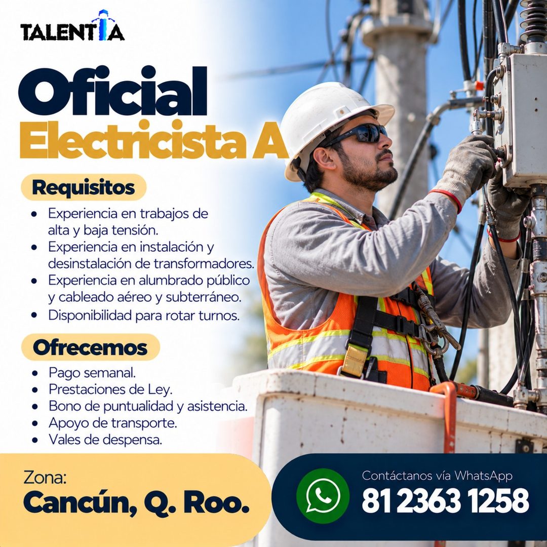 Banner del anuncio de la vacante: TALENTIÀ · Oficia · Electricista A · Requisitos · • Experiencia en trabajos de · alta y baja tensión. · • Experiencia en instalación y · des